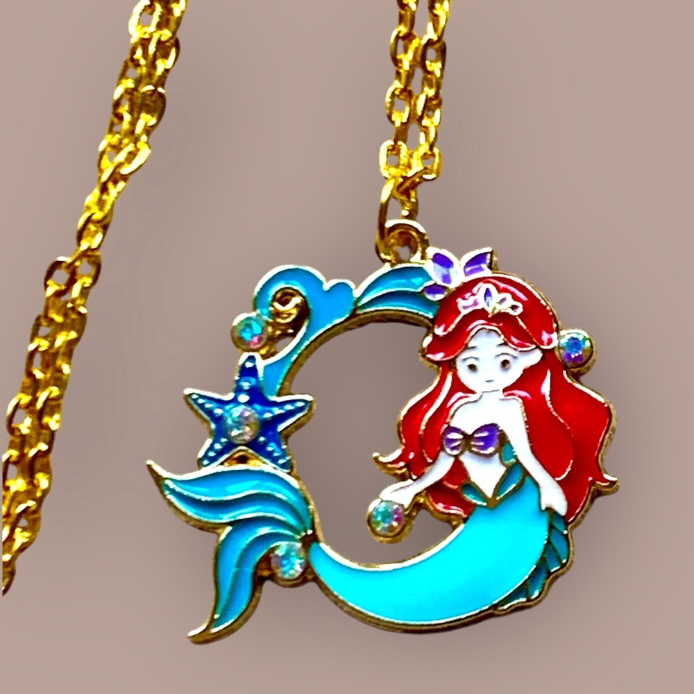 Mermaid Pendant Necklace in Gold and Blue Ariel